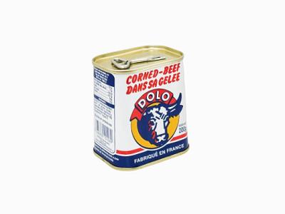 DOLO corned beef 200g can with label and blue-white-red design