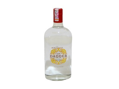 Clear glass gin bottle with red cap and front label reading Dagger