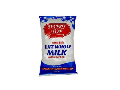 Dairy Top UHT whole milk 500 ml pouch with blue label
