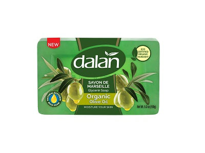 Dalan olive oil soap bar, green wrapper with olive leaves and bottle graphic