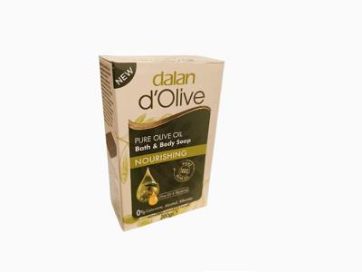 Dalan d'Olive pure olive oil body soap, brown box with olive oil drop illustration