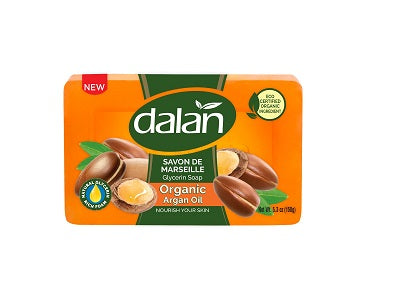 Dalan Argan Oil soap bar, orange wrapper with argan nut and oil illustrations