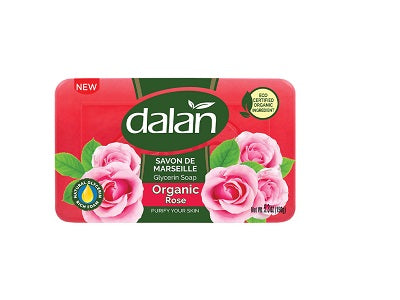 Dalan soap bar box, red package with logo and floral graphics