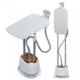 Garment steamer with handheld steam head and fabric pressing board, standing base