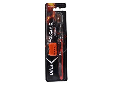 Difas volcanic toothbrush in blister pack, dark bristles with red accents