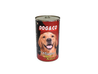 Dog & Co beef 1250 canned dog food with red/black label and dog portrait