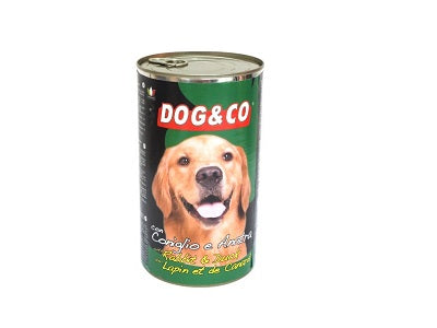 Dog food can, Dog & Co rabbit and duck, cylindrical metal tin with pull-tab lid
