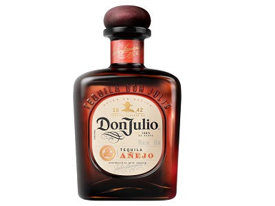 Don Julio Tequila Anejo bottle, dark amber glass with red cap and label
