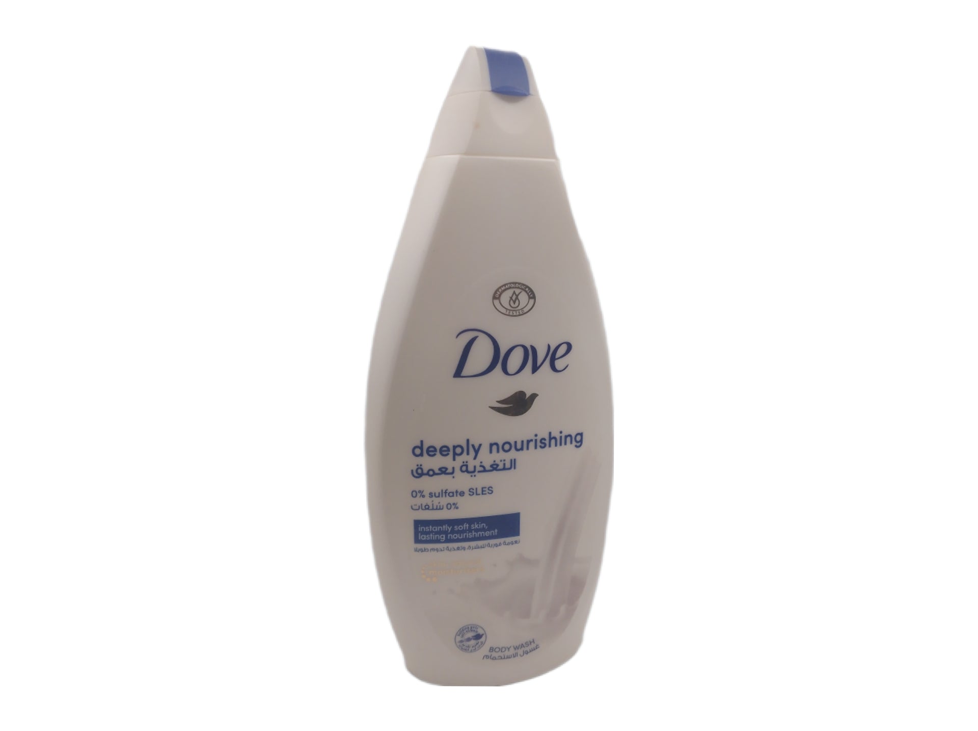 Dove deeply nourishing body wash bottle with blue cap, 500 ml