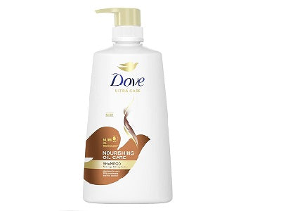 Dove shampoo bottle with pump dispenser, white body and brown label