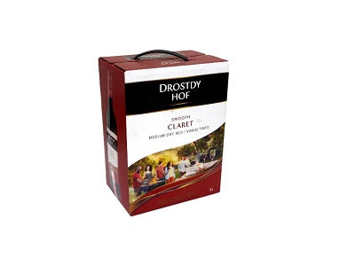 Red Drostdy-Hof claret wine box with carry handle and front label