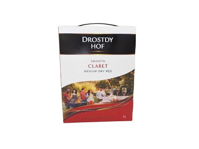 Drostdy Hof 3L smooth claret medium dry red wine carton, red and white front label