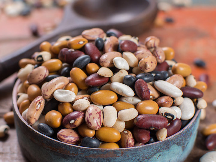 Mixed dry beans in bowl, including white, black, and brown varieties
