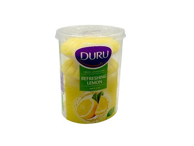 Duru refreshing lemon soap cup with yellow lemon-scented soap pieces inside