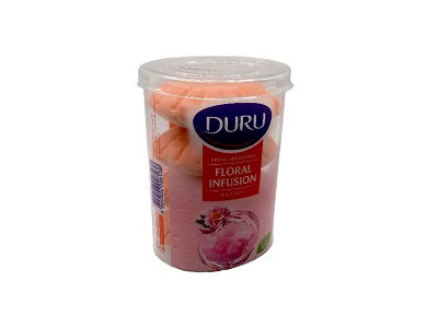 Duru floral infusion soap cup with pink floral-scented soap pieces inside