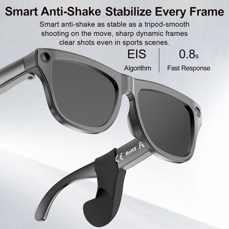 Black smart shooting glasses with dark lenses and anti-shake stabilizing frame.