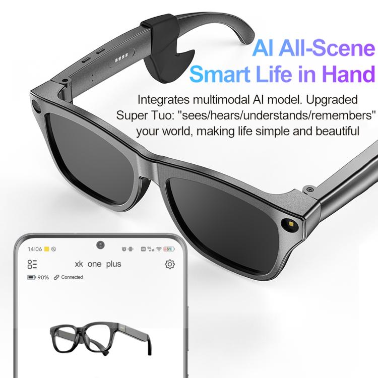 Black smart all-scene shooting glasses with dark lenses and side camera module.