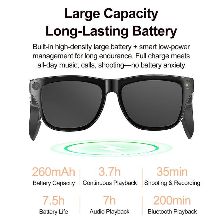 Black smart shooting glasses with dark lenses and long-lasting battery design.