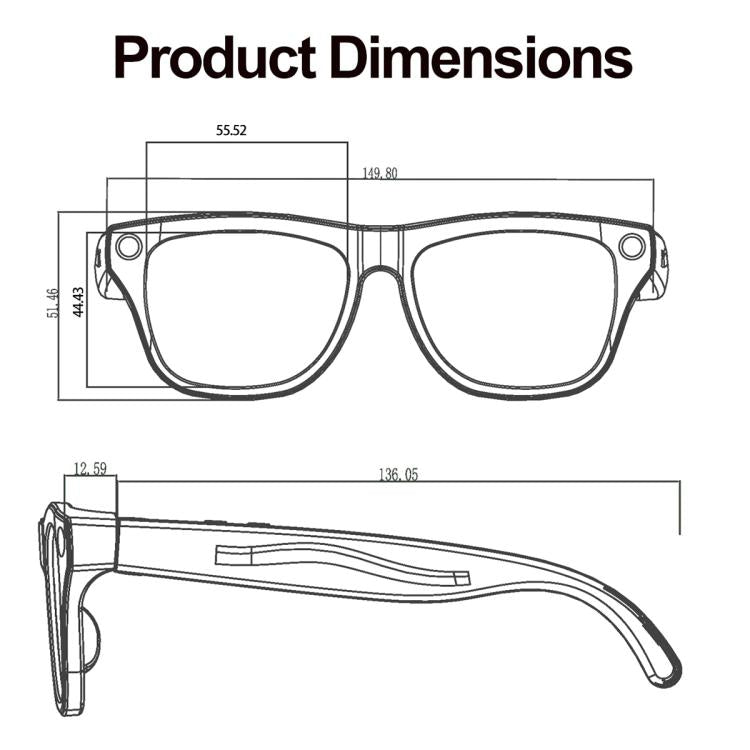 Black smart shooting glasses schematic with front and side product dimension views.