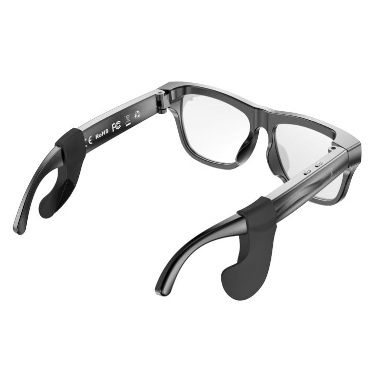 Smart shooting glasses side view, dark gray frame with clear lenses