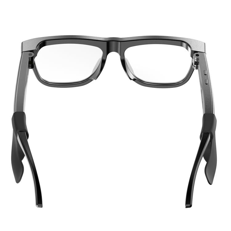 Smart shooting glasses front view with dark gray frame and clear lenses