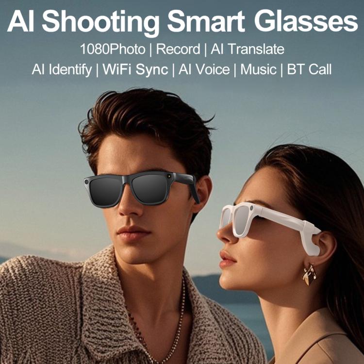Smart shooting glasses on two models, dark frames with black-tinted lenses