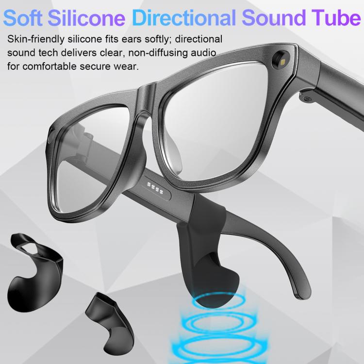 Smart shooting glasses close-up with gray frame and black silicone sound tube