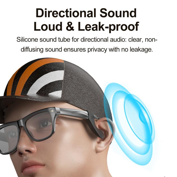 Smart shooting glasses on model with dark frame and directional sound tube