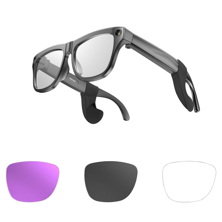 Smart shooting glasses with dark gray frame and clear lenses