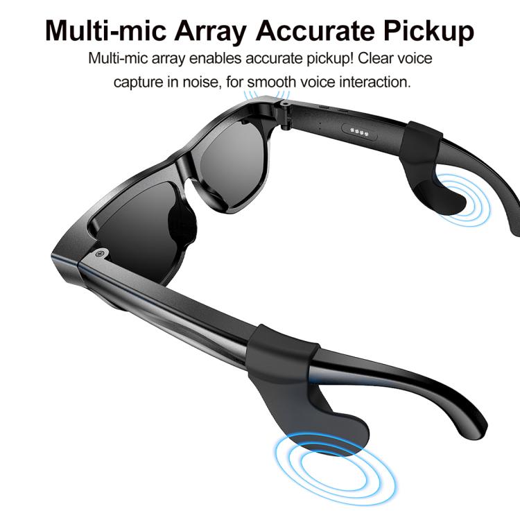 Smart shooting glasses with black frame and blue-highlighted microphone area