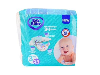 Baby diaper pack, size 3, teal with purple logo, 24 count
