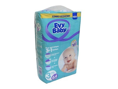 Baby diaper pack, size 3, teal with purple logo, 64 count