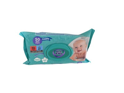Evy Baby baby wipes pack, teal, 50 wipes, with soft wipes label and baby photo