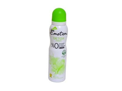 Emotion Detox deodorant spray bottle with green cap and clear lime-toned label