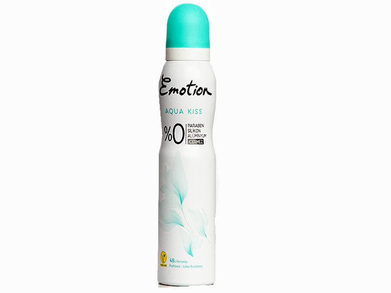 Emotion Aqua Kiss deodorant spray, white bottle with turquoise cap, 150 ml