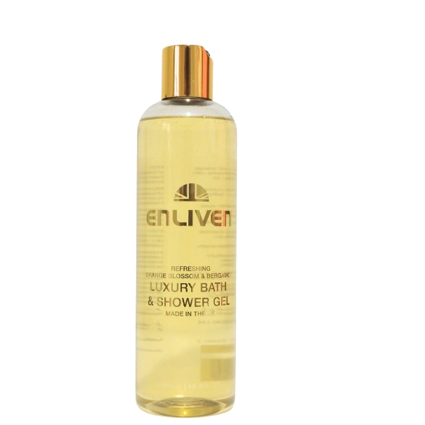 Enliven luxury shower gel bottle with gold cap, clear yellow liquid