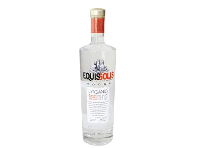 Equissolis organic vodka bottle 1L with gold cap and white label on clear glass