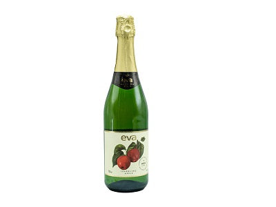 Sparkling apple champagne bottle with green glass and cream label with red apple