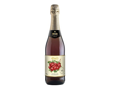 Eva Sparkling NA champagne bottle, burgundy glass with cranberry fruit label