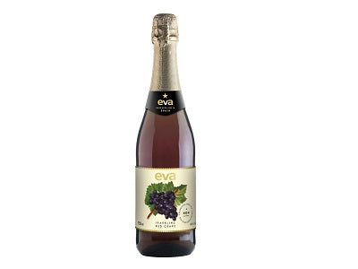 Eva Sparkling NA champagne bottle, burgundy glass with red grape fruit label