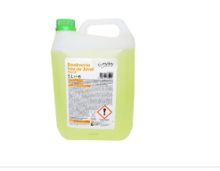 Lime-green bleach detergent jug with handle and front label