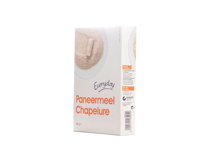 White bread crumbs bag labeled Everyday Paneermeel Chapelure, 400g, upright
