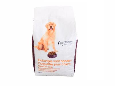White dog food bag with orange dog photo and colorful front label