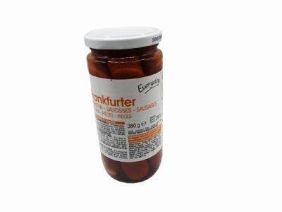 Jar of Frankfurter sausages, dark links, white screw-top lid