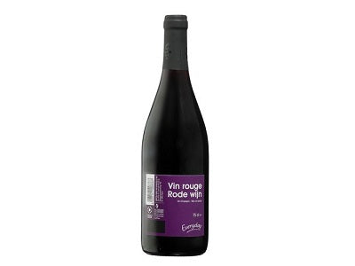 Red wine bottle in black glass with printed label and black screw cap
