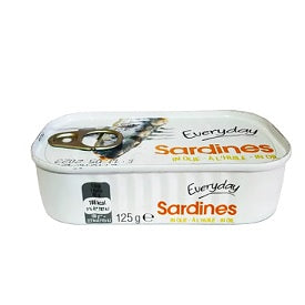 Sardines in oil 125 g plastic tub with labeled lid and fish illustration