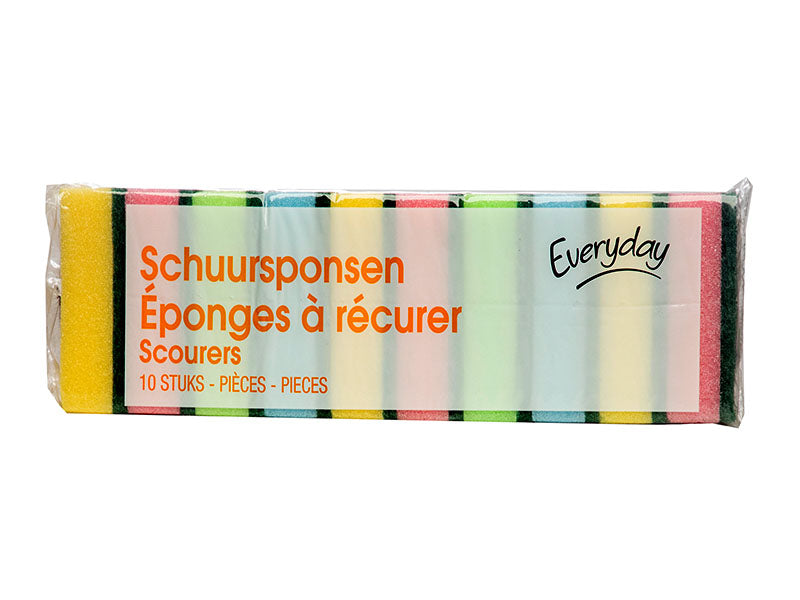 10-pack assorted scrub sponges in colorful banded wrapper