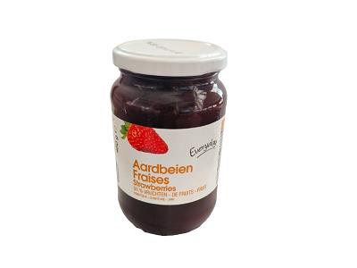 Strawberry jam jar with white lid, dark red fruit preserves
