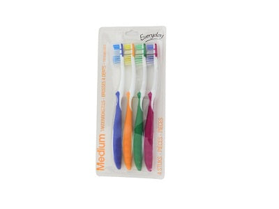 Toothbrush set of 4 with medium bristles, colorful handles in blister pack