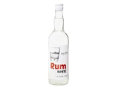 White rum bottle with paper label, clear glass, white cap, 700 ml